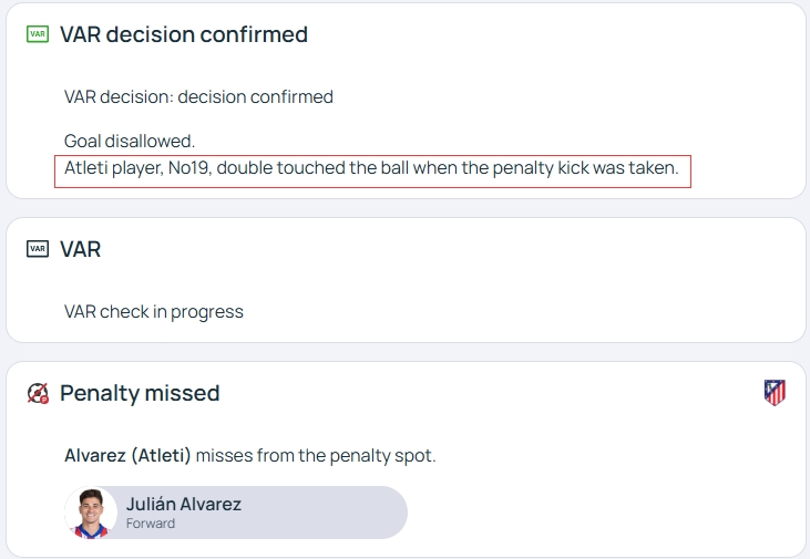  官方明確！歐冠官網(wǎng)：阿爾瓦雷斯罰點(diǎn)時(shí)2次觸球，VAR決定進(jìn)球無效